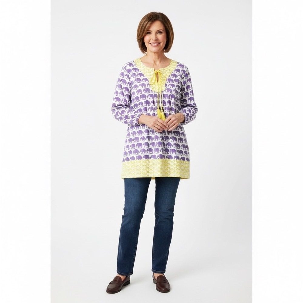 Hatley Womens Size Medium Tunic Top Elephant Print Purple Yellow Long Sleeve